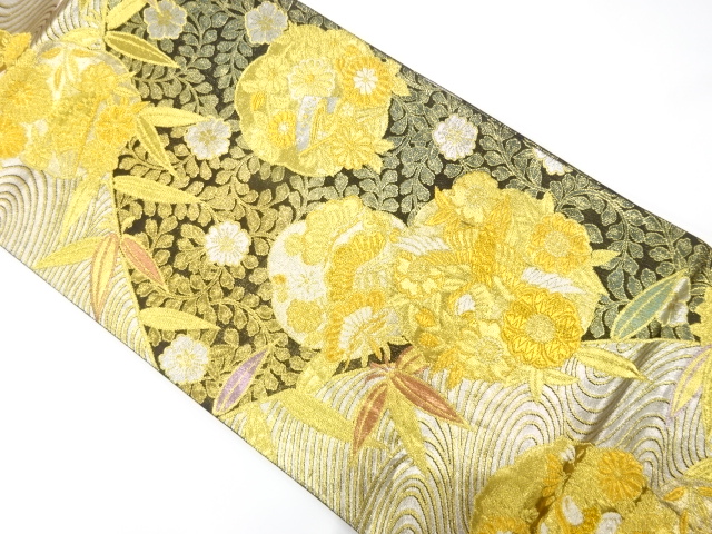 JAPANESE KIMONO / FUKURO OBI FOR FURISODE / SILK / WOVEN STREAM & SHOCHIKUBAI & FLOWERS & BIRDS